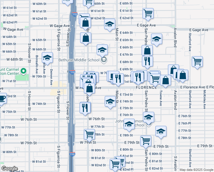 map of restaurants, bars, coffee shops, grocery stores, and more near 139 West Florence Avenue in Los Angeles