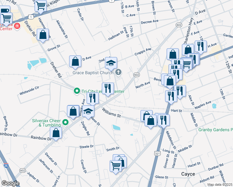 map of restaurants, bars, coffee shops, grocery stores, and more near 1800 Platt Springs Road in West Columbia