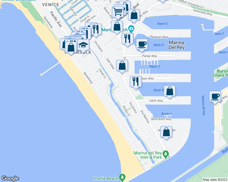 map of restaurants, bars, coffee shops, grocery stores, and more near 107 Roma Court in Los Angeles