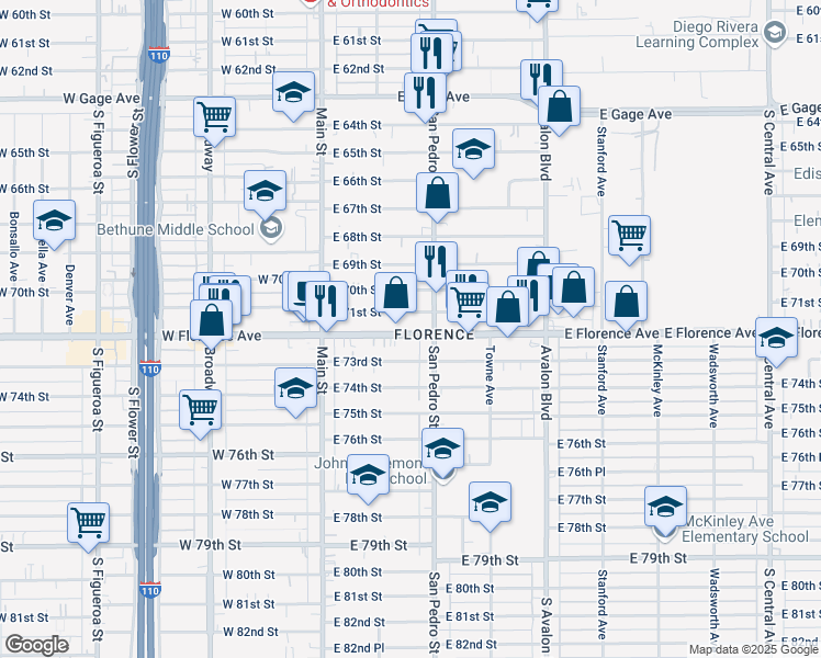 map of restaurants, bars, coffee shops, grocery stores, and more near 241 East Florence Avenue in Los Angeles