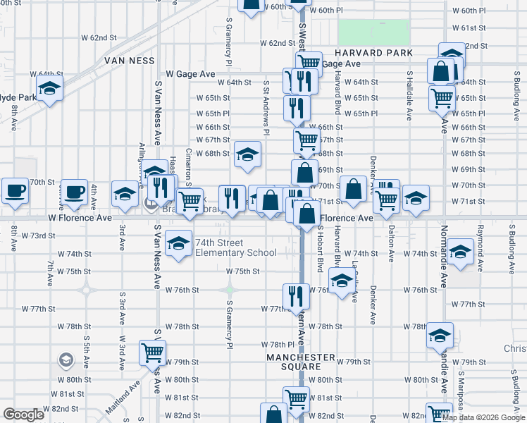 map of restaurants, bars, coffee shops, grocery stores, and more near 1901 West Florence Avenue in Los Angeles