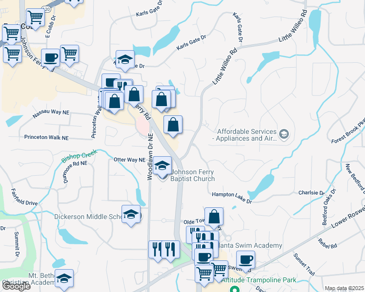 map of restaurants, bars, coffee shops, grocery stores, and more near 1032 Johnson Ferry Road in Marietta