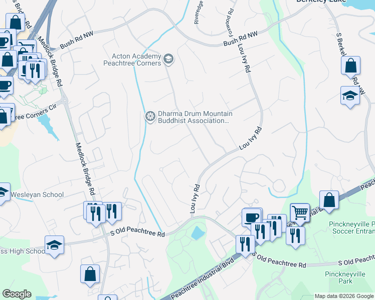 map of restaurants, bars, coffee shops, grocery stores, and more near 4925 Mossy Ridge Court Northwest in Duluth