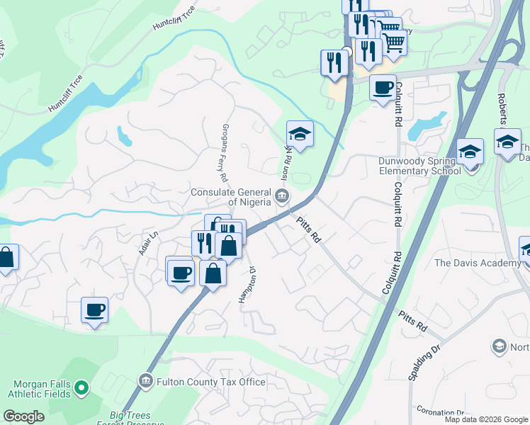 map of restaurants, bars, coffee shops, grocery stores, and more near 8040 Roswell Road in Atlanta