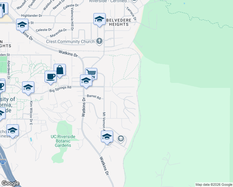 map of restaurants, bars, coffee shops, grocery stores, and more near 209 Goodrich Drive in Riverside