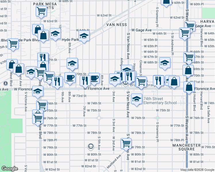 map of restaurants, bars, coffee shops, grocery stores, and more near 7055 3rd Avenue in Los Angeles