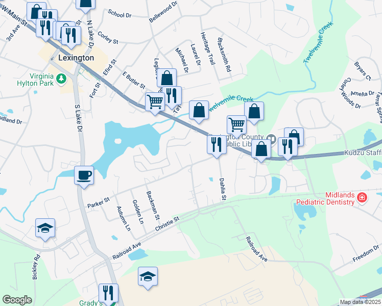 map of restaurants, bars, coffee shops, grocery stores, and more near 108 Thunder Road in Lexington