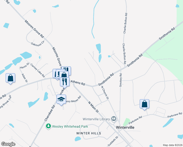 map of restaurants, bars, coffee shops, grocery stores, and more near 137 McAlpin Drive in Winterville