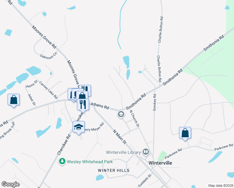map of restaurants, bars, coffee shops, grocery stores, and more near 135 McAlpin Drive in Winterville