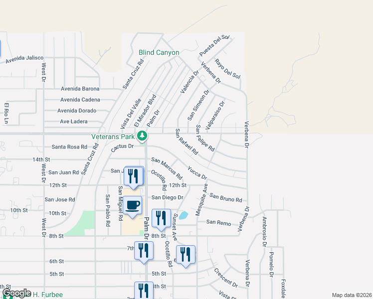 map of restaurants, bars, coffee shops, grocery stores, and more near 66686 San Rafael Road in Desert Hot Springs