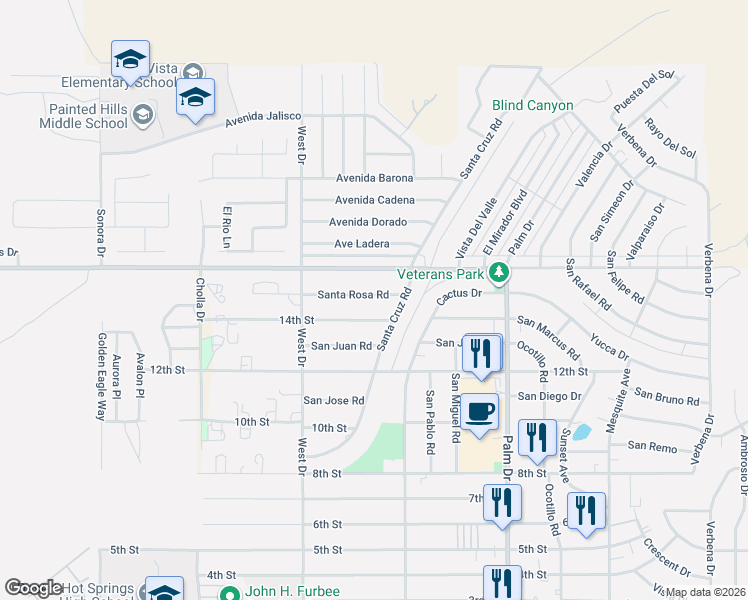 map of restaurants, bars, coffee shops, grocery stores, and more near 66195 Santa Rosa Road in Desert Hot Springs