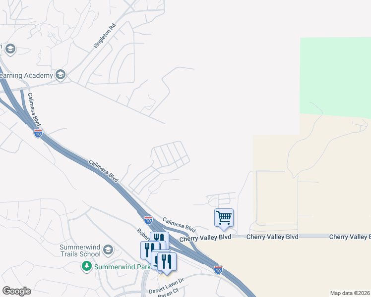 map of restaurants, bars, coffee shops, grocery stores, and more near 10320 Calimesa Boulevard in Calimesa