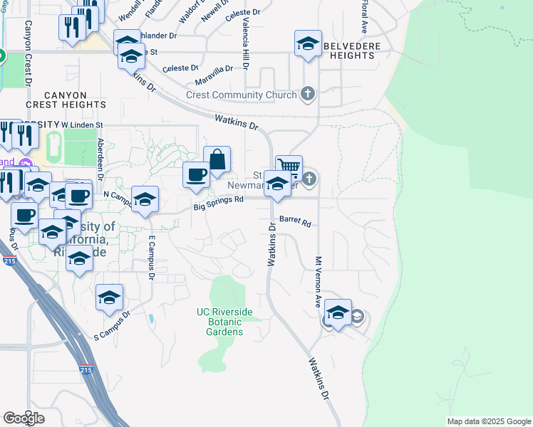map of restaurants, bars, coffee shops, grocery stores, and more near 211 Barret Road in Riverside