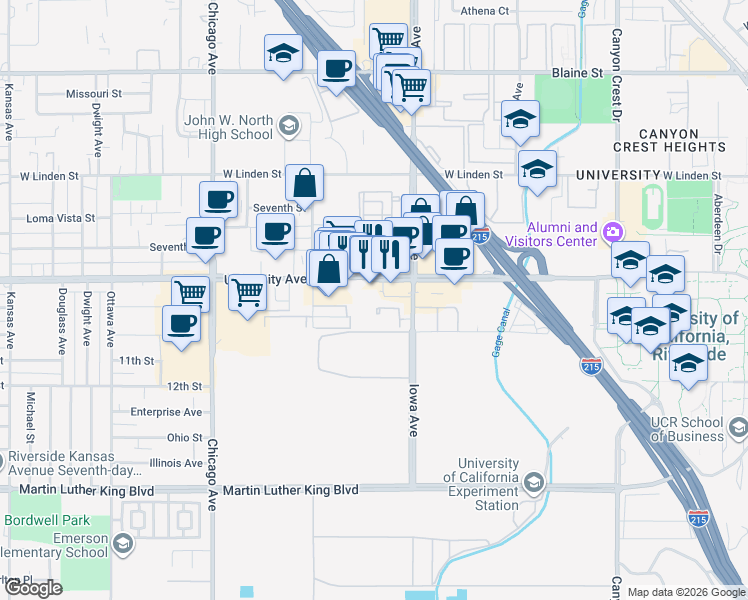 map of restaurants, bars, coffee shops, grocery stores, and more near 1400 University Avenue in Riverside