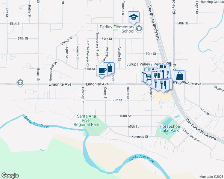 map of restaurants, bars, coffee shops, grocery stores, and more near 9206 Limonite Avenue in Riverside