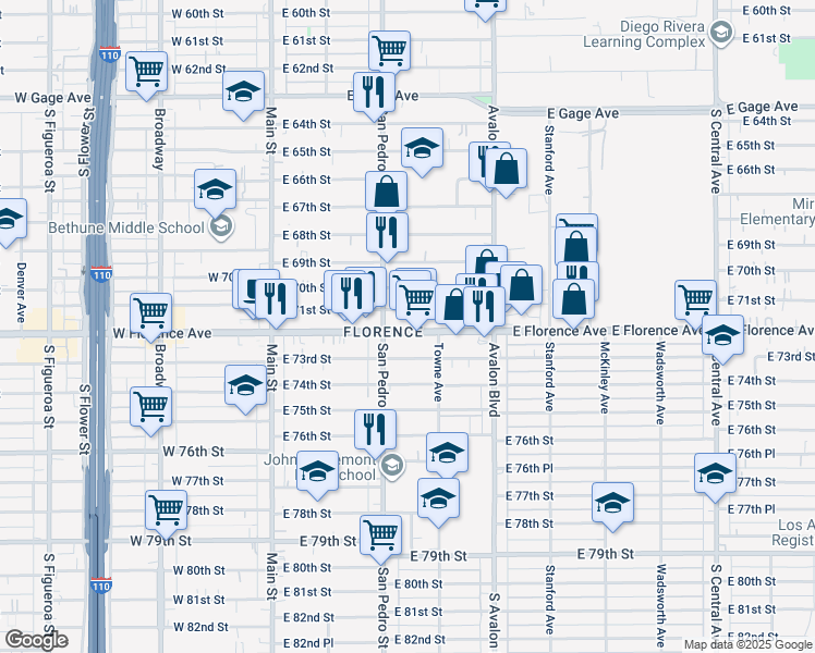 map of restaurants, bars, coffee shops, grocery stores, and more near in Florence-Graham