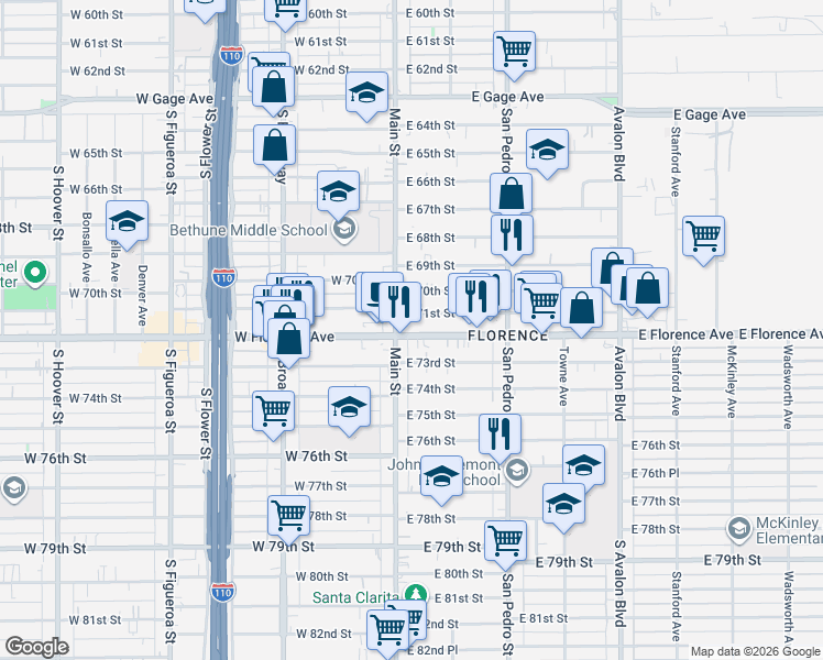 map of restaurants, bars, coffee shops, grocery stores, and more near in Los Angeles