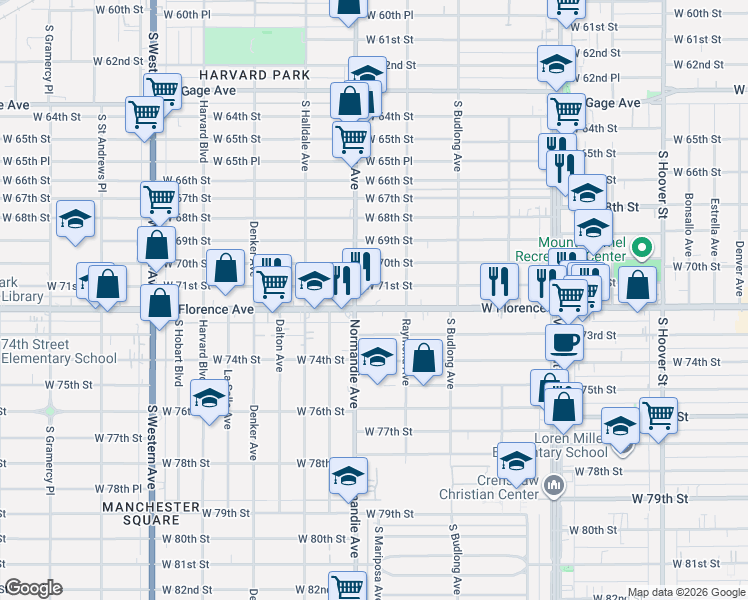 map of restaurants, bars, coffee shops, grocery stores, and more near 1327 West Florence Avenue in Los Angeles