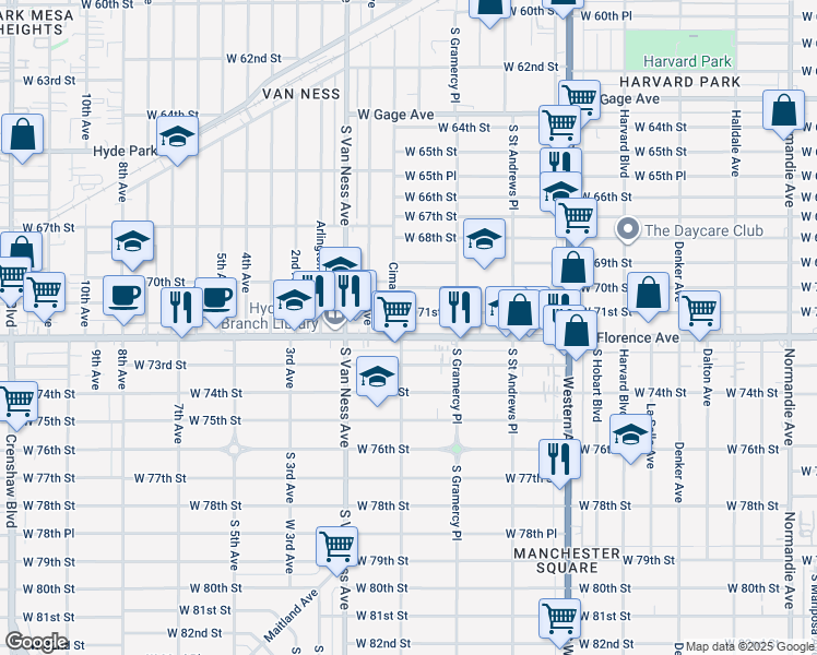 map of restaurants, bars, coffee shops, grocery stores, and more near 2063 West Florence Avenue in Los Angeles