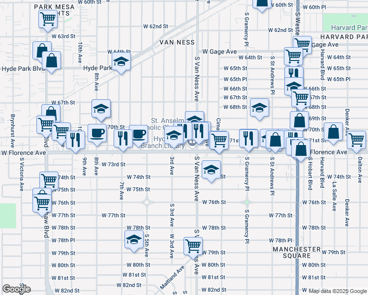 map of restaurants, bars, coffee shops, grocery stores, and more near 2215 West Florence Avenue in Los Angeles