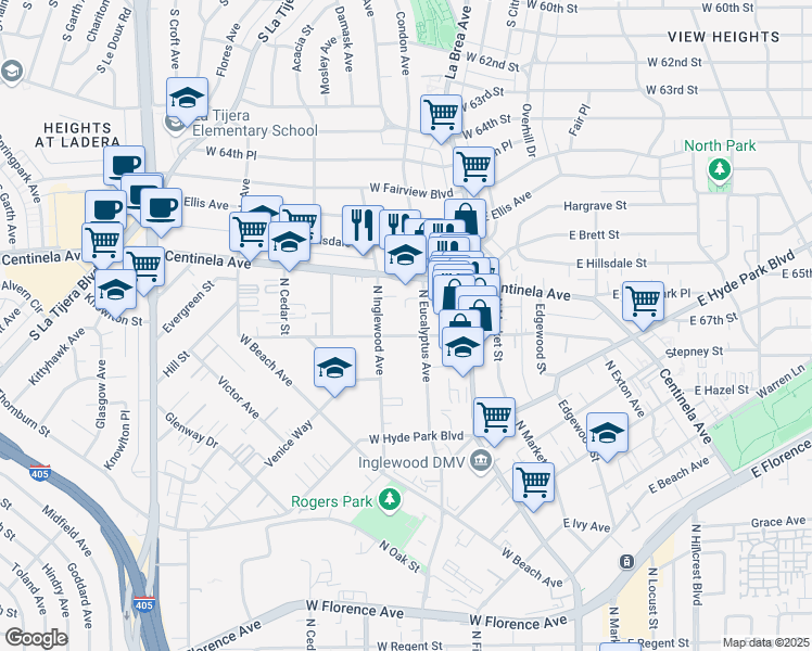 map of restaurants, bars, coffee shops, grocery stores, and more near 221 West Plymouth Street in Inglewood