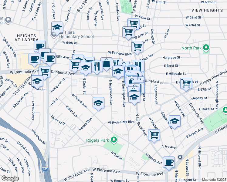 map of restaurants, bars, coffee shops, grocery stores, and more near 221 West Plymouth Street in Inglewood