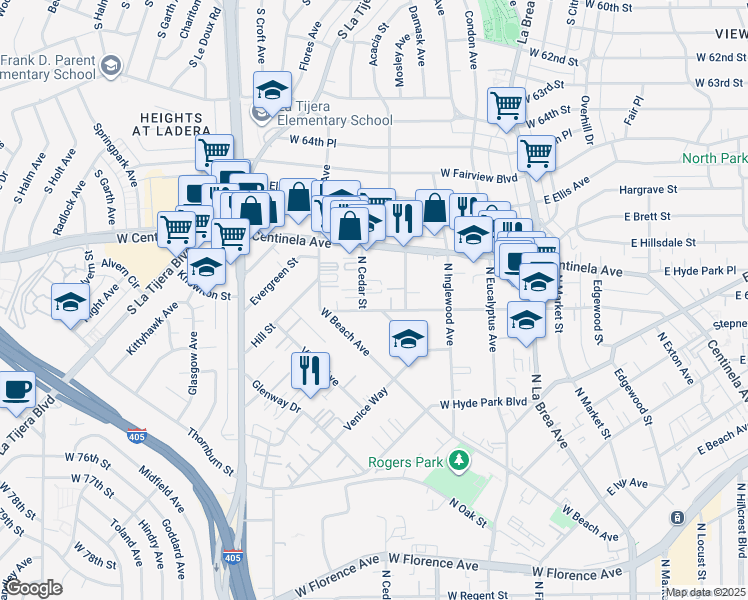 map of restaurants, bars, coffee shops, grocery stores, and more near 914 North Cedar Street in Inglewood
