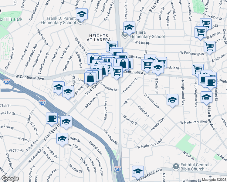 map of restaurants, bars, coffee shops, grocery stores, and more near 5217 Knowlton Street in Los Angeles