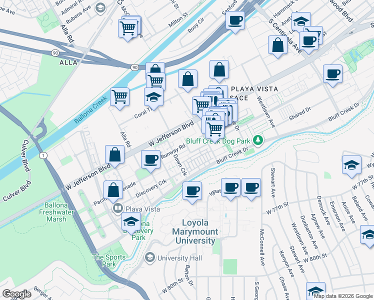 map of restaurants, bars, coffee shops, grocery stores, and more near 12852 West Runway Road in Los Angeles