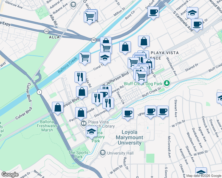 map of restaurants, bars, coffee shops, grocery stores, and more near 5720 South Celedon Creek in Los Angeles