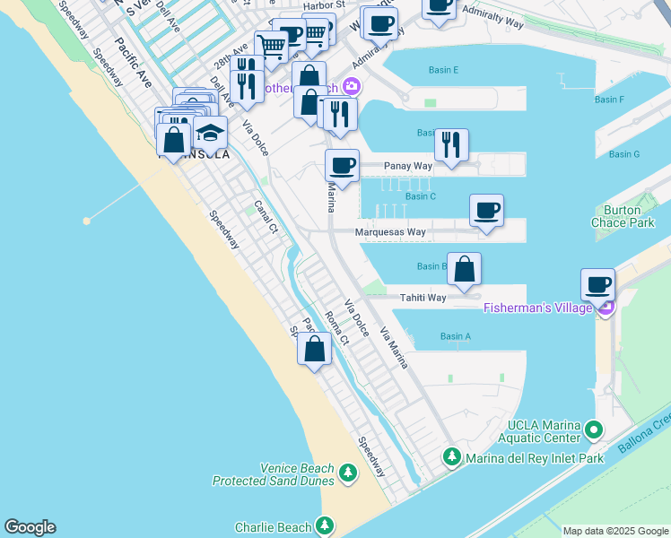 map of restaurants, bars, coffee shops, grocery stores, and more near 4051 Via Dolce in Marina del Rey