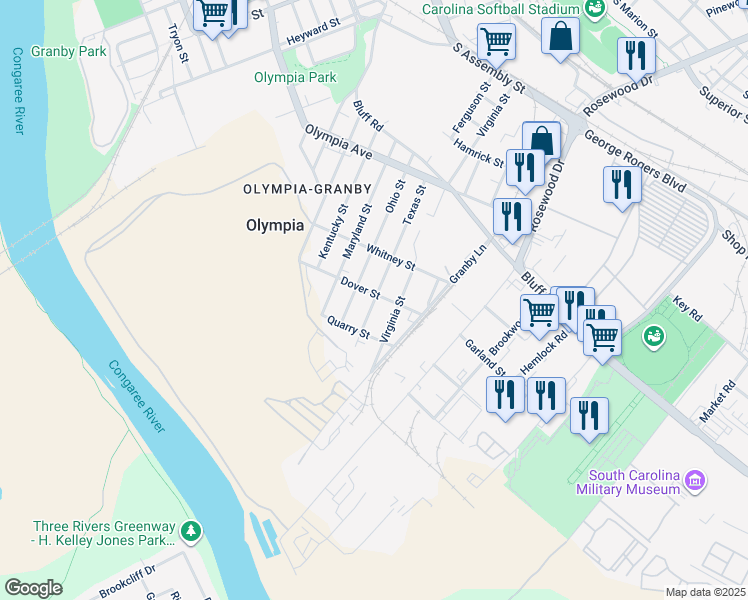 map of restaurants, bars, coffee shops, grocery stores, and more near 1327 Dover Street in Columbia