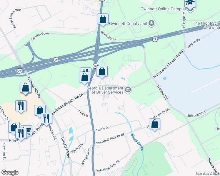 map of restaurants, bars, coffee shops, grocery stores, and more near 256 Hurricane Shoals Road Northeast in Lawrenceville