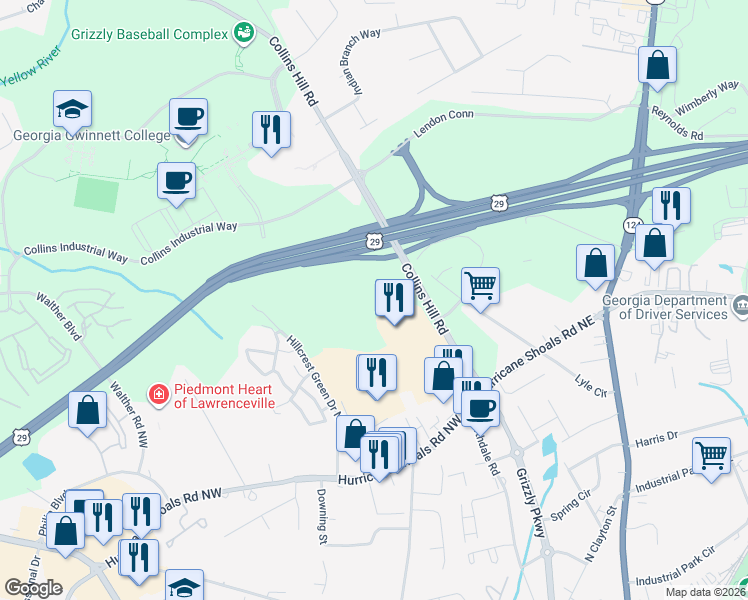 map of restaurants, bars, coffee shops, grocery stores, and more near 742 Collins Hill Rd in Lawrenceville