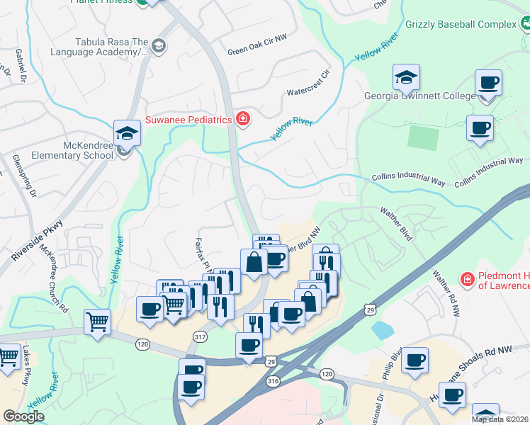 map of restaurants, bars, coffee shops, grocery stores, and more near 995 Twin Brook Court Northwest in Lawrenceville