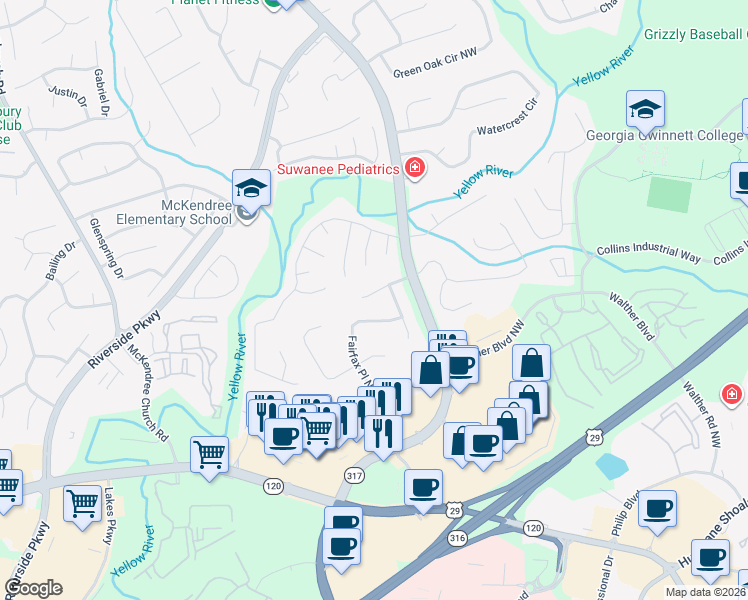 map of restaurants, bars, coffee shops, grocery stores, and more near 630 Dartmouth Court Northwest in Lawrenceville