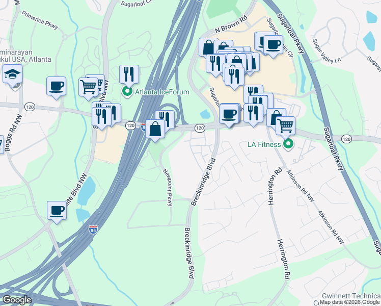 map of restaurants, bars, coffee shops, grocery stores, and more near 2 Tara Lane in Lawrenceville