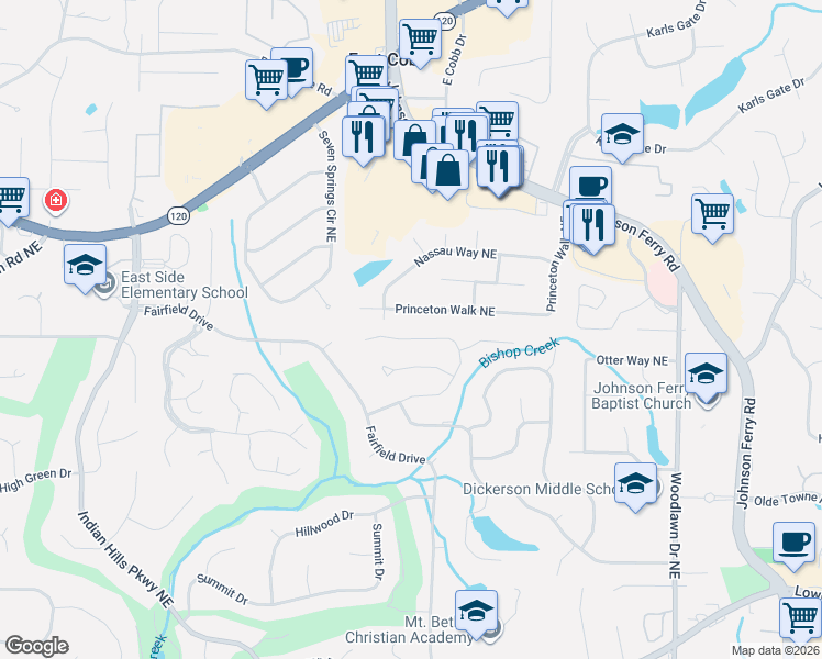 map of restaurants, bars, coffee shops, grocery stores, and more near 4510 Hampton Woods Drive Northeast in Marietta