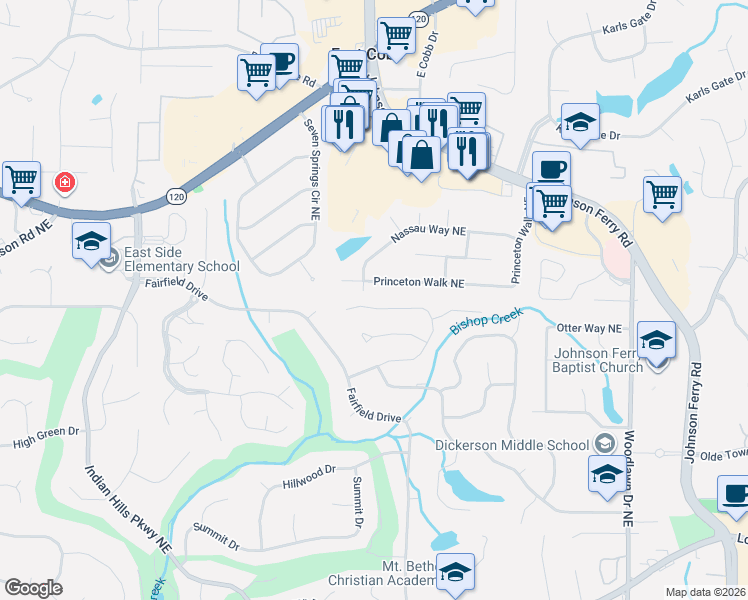map of restaurants, bars, coffee shops, grocery stores, and more near 4518 Hampton Woods Drive Northeast in Marietta
