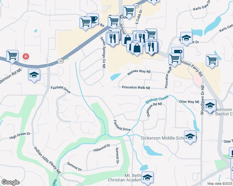 map of restaurants, bars, coffee shops, grocery stores, and more near 4520 Hampton Woods Drive Northeast in Marietta