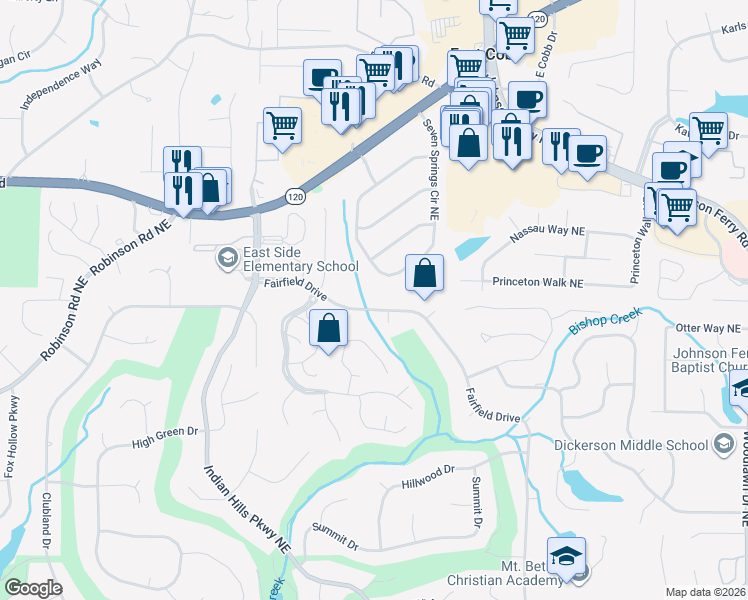 map of restaurants, bars, coffee shops, grocery stores, and more near 1114 Fairfield Drive in Marietta