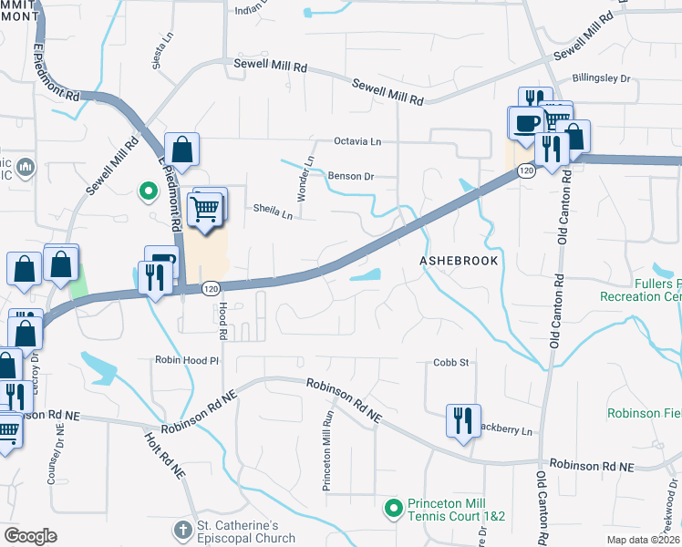 map of restaurants, bars, coffee shops, grocery stores, and more near 2753 Bridgegate Trce Northeast in Marietta