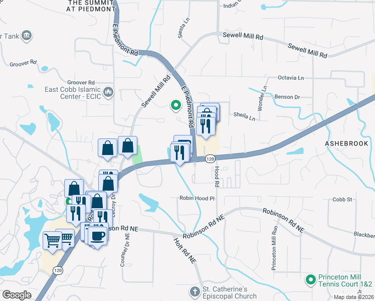 map of restaurants, bars, coffee shops, grocery stores, and more near in East Cobb