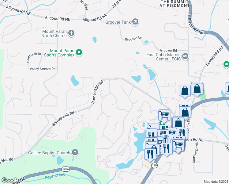 map of restaurants, bars, coffee shops, grocery stores, and more near 1932 Oak Ridge Court in Marietta