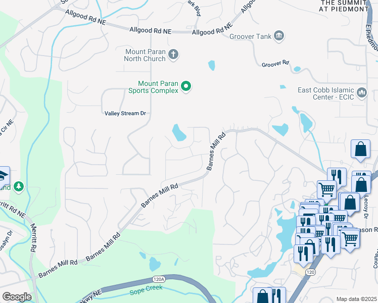 map of restaurants, bars, coffee shops, grocery stores, and more near 1058 Grist Mill Drive in Marietta