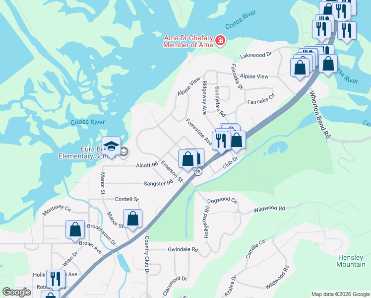 map of restaurants, bars, coffee shops, grocery stores, and more near 144 Riley Street in Gadsden