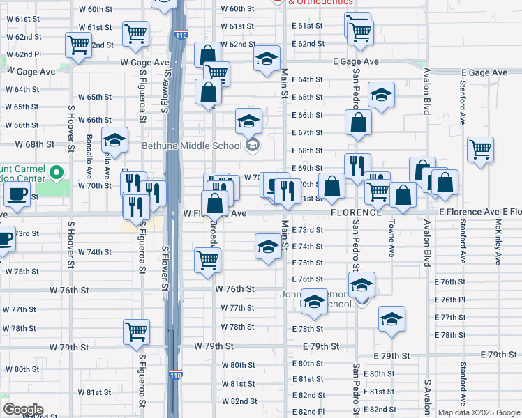 map of restaurants, bars, coffee shops, grocery stores, and more near 127 West Florence Avenue in Los Angeles