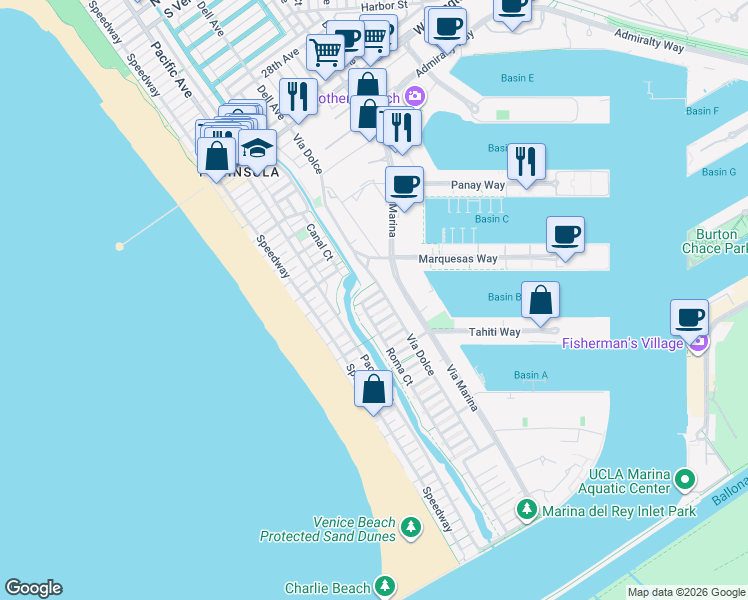 map of restaurants, bars, coffee shops, grocery stores, and more near 4051 Via Dolce in Marina del Rey