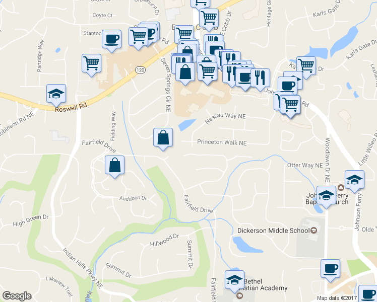 map of restaurants, bars, coffee shops, grocery stores, and more near 4520 Hampton Woods Drive Northeast in Marietta