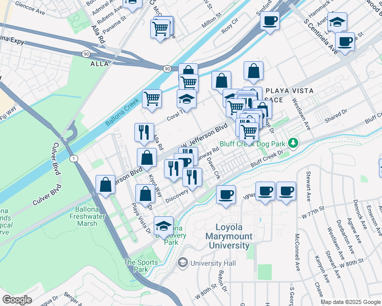 map of restaurants, bars, coffee shops, grocery stores, and more near 5720 South Celedon Creek in Los Angeles